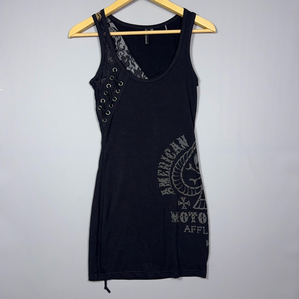 Affliction Y2K Mini Dress Womens Size XS Lace Up Black Biker Goth Grunge